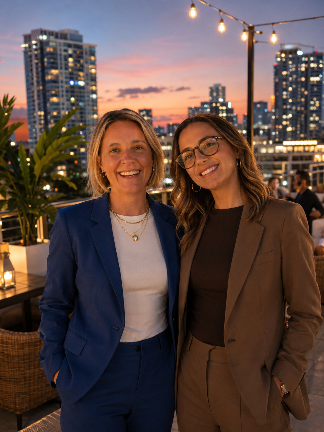 Two Eleva Group team members at a rooftop networking event in Miami at sunset