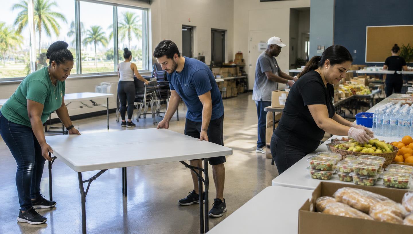 Volunteers setting up tables and food stations in a community hall