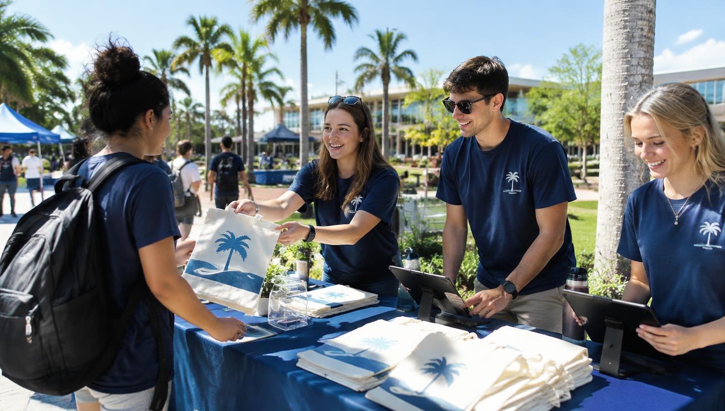 Students at a campus fundraising booth handing out tote bags