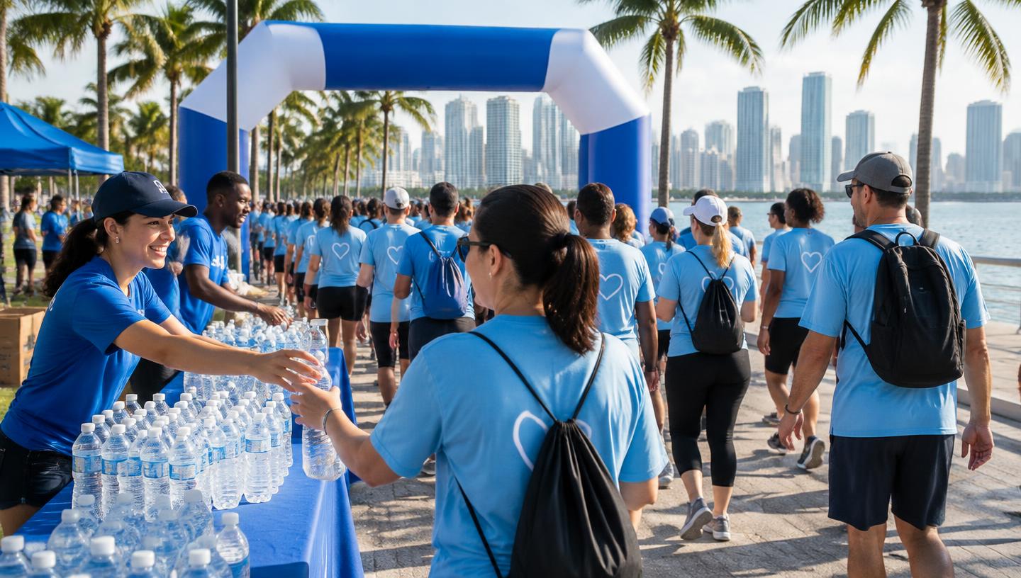 Volunteers handing out water at the start of a charity walk in Miami