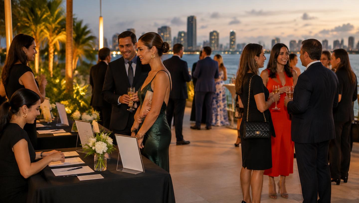 Guests arriving at a nonprofit gala check-in table in Miami at sunset