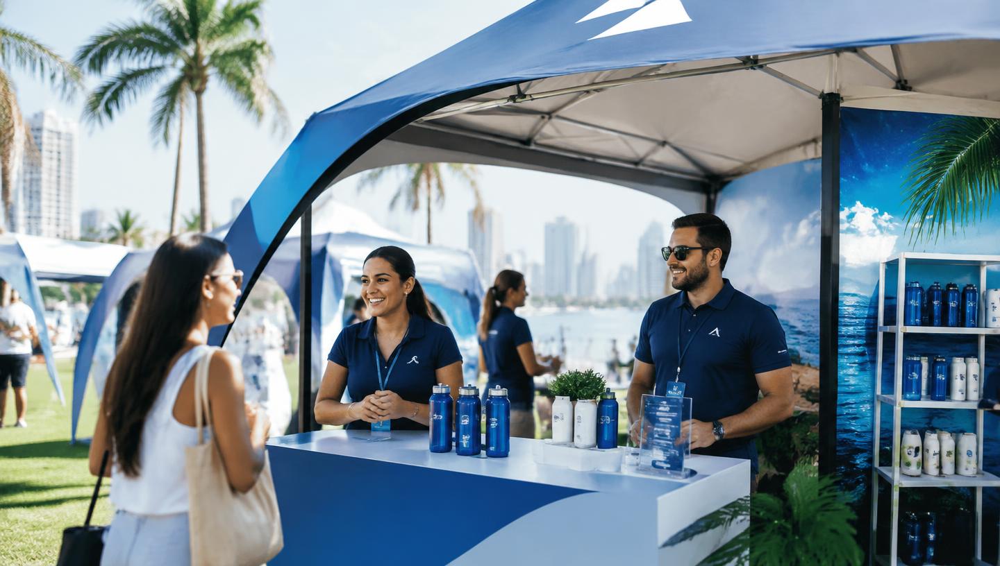 A sponsor activation booth at an outdoor Miami community event