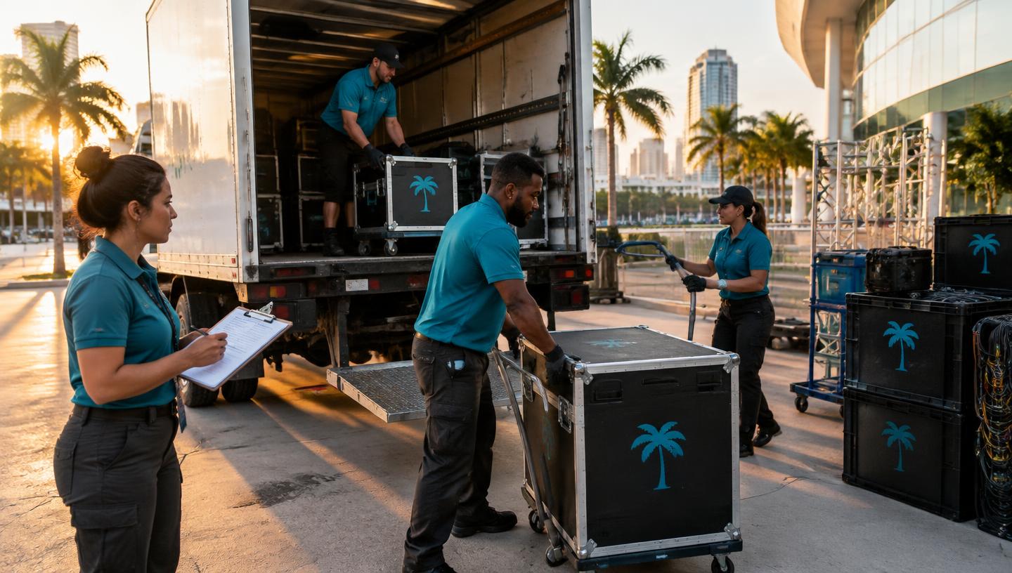 An Eleva Group crew unloading event equipment outside a Miami venue