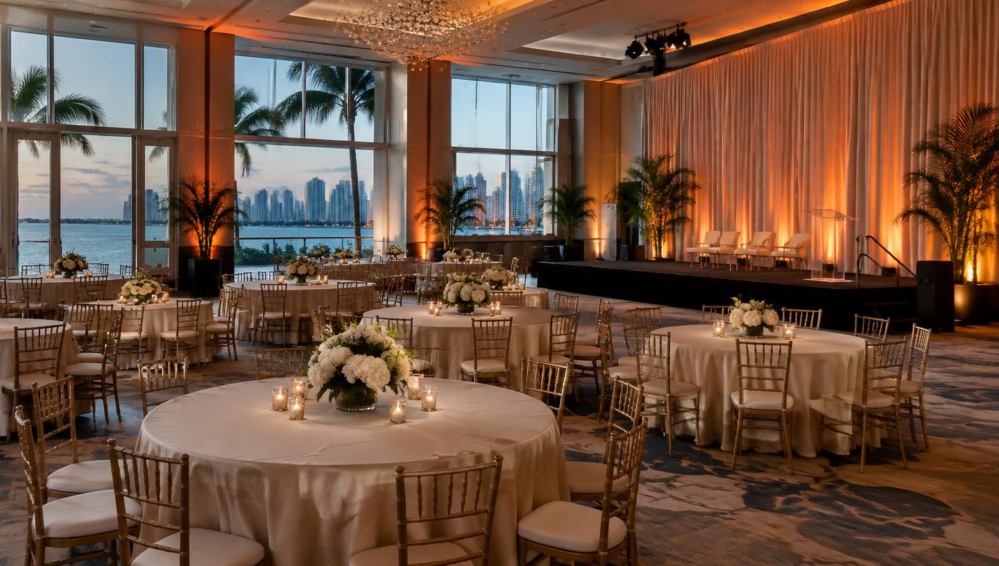 An indoor Miami event space set with round tables and a stage before guests arrive