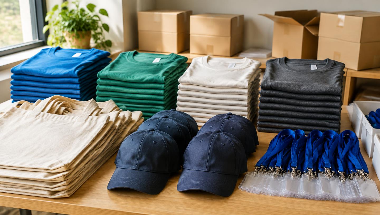 Folded event shirts, tote bags, caps, and lanyards ready for delivery