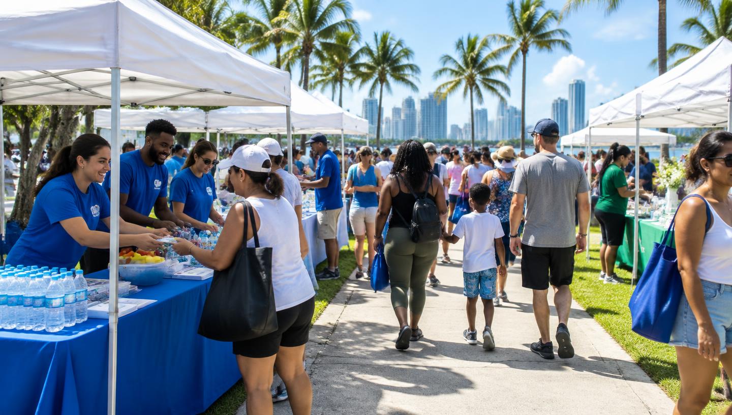 An Eleva Group crew setting up tents and tables at an outdoor Miami community event