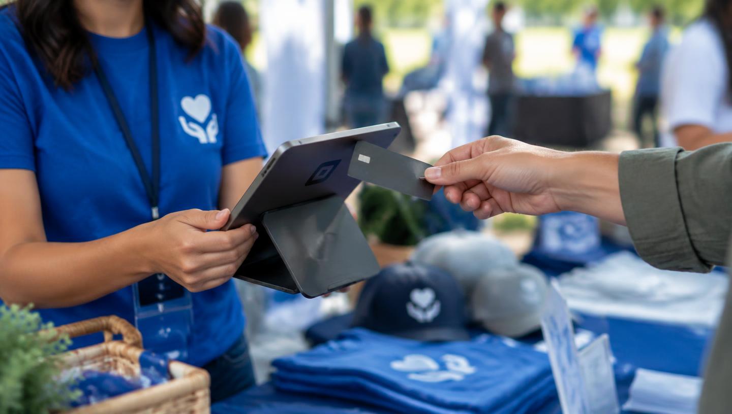 A volunteer taking a card payment on a tablet at an event merchandise booth