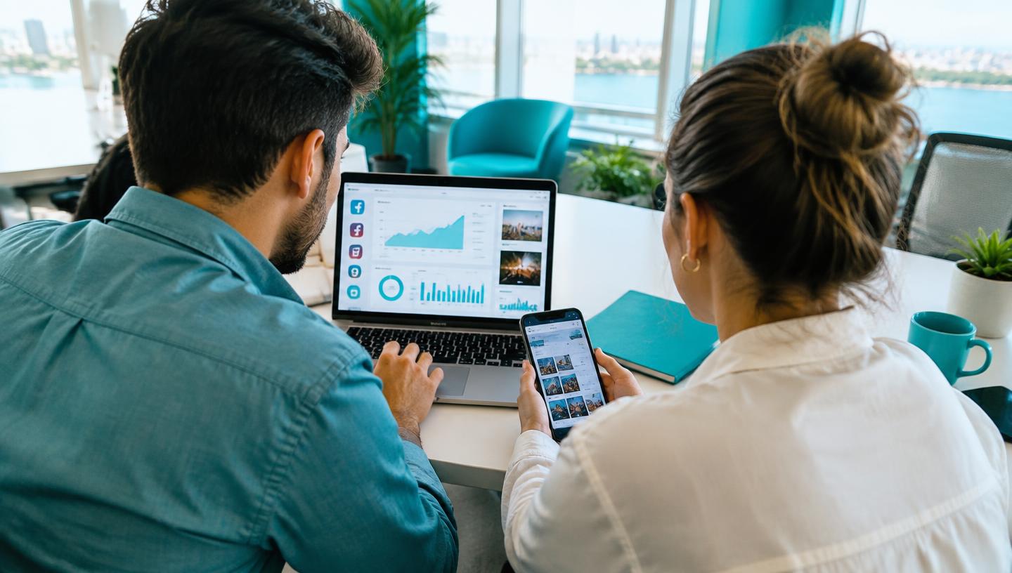 Two marketers reviewing social media campaign results on a laptop